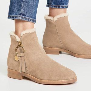 See by Chloe Suede Shearling Fur Ankle Zip Booties